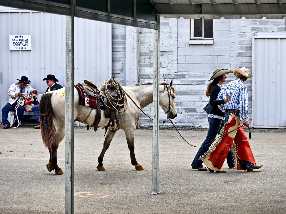 Friends.jpg - Friends: cowboy and his girl, cowboy and his horse, two men.